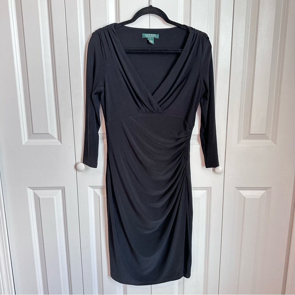 Lauren Ralph Black Sheath Dress with Ruched Wrap Design